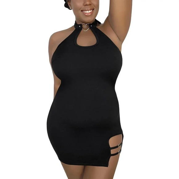 Women Cotton Overall Black Vampy  Collared Bodycon Mini Dress Skirt - Picture 5 of 7